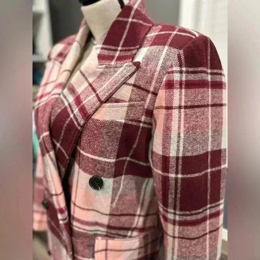 7 FOR ALL MANKIND Women Size S Pink/Red Plaid Double Breasted Peacoat Jacket - Picture 2 of 7